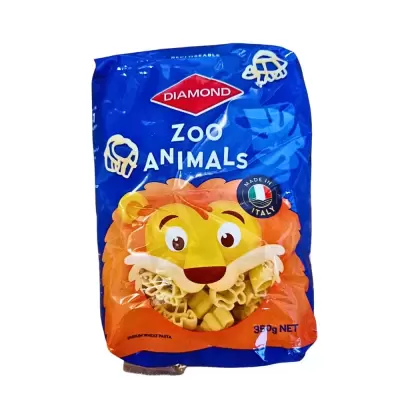 Animal-Shaped pasta in a blue plastic pack with a cartoon lion head.