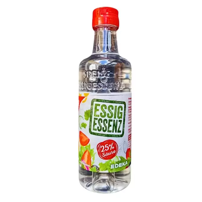 Vinegar High Percentage clear liquid in transparent plastic bottle with red cap and white label with green writing.