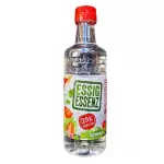 Vinegar High Percentage clear liquid in transparent plastic bottle with red cap and white label with green writing.