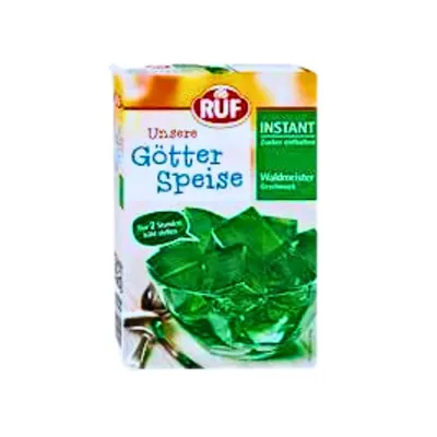 Waldmeister Jelly Goetterspeise jelly in a white box with a picture of a bowl of green jelly cut into cubes.