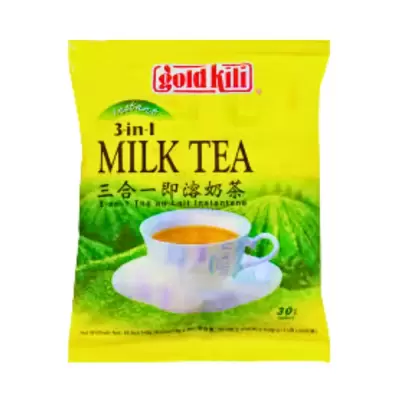 Gold Kili yellow bag with Milk Tea in a white cup and saucer.