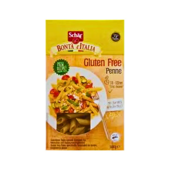 Uncooked Penne pasta in yellow Dr Schaer box with a clear window to show contents.