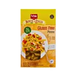 Uncooked Penne pasta in yellow Dr Schaer box with a clear window to show contents.