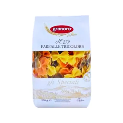 Bow shaped mix of green, orange and yellow Farfalle Pasta in a white plastic bag with a window revealing contents.