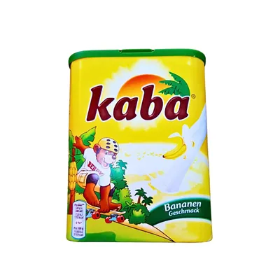 KABA Banana Milk Flavouring powder in a yellow box with a green lid represented by the Banana flavour.
