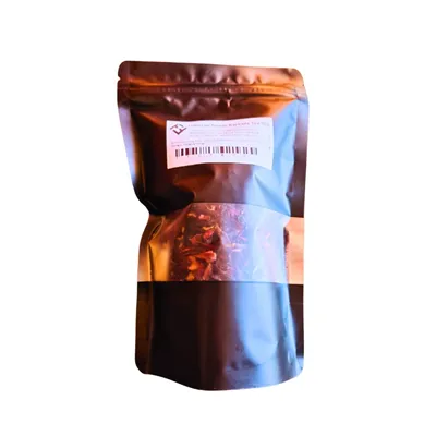 Red Dried Hibiscus Flowers in window bag with Fusion Food Haus sticker