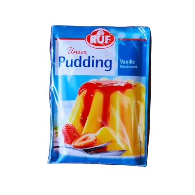 A 5-pack of vanilla powder pudding in blue sachets with a picture of a yellow vanilla pudding dripping with a red fruit compote.