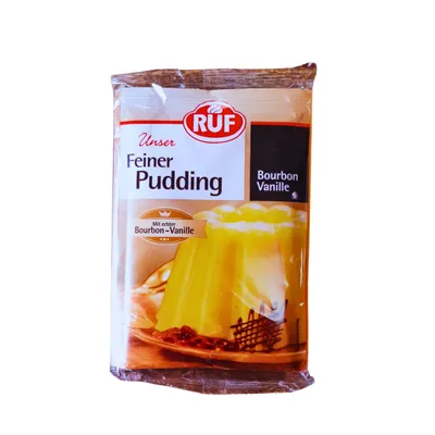 3 sachets of Bourbon Vanilla Pudding powder in a clear plastic bag.