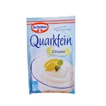 Quarkfein Lemon powder flavouring in light blue sachet with picture of white yoghurt with lemon wedges.