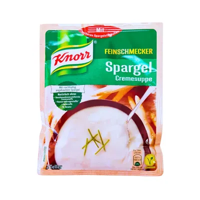 Knorr Asparagus Soup instant mix in green sachet with picture of bowl of white soup.