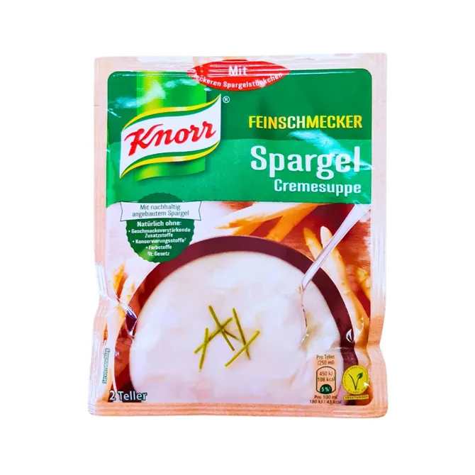 Knorr Asparagus Soup instant mix in green sachet with picture of bowl of white soup.