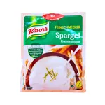 Knorr Asparagus Soup instant mix in green sachet with picture of bowl of white soup.