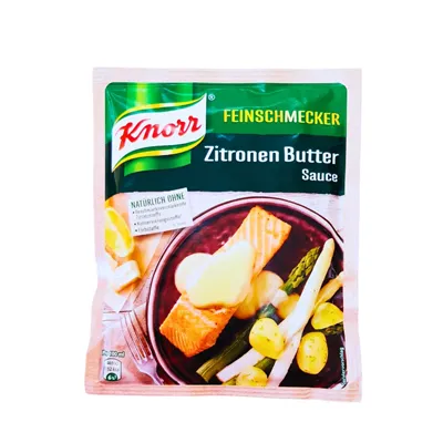 Knorr Lemon Butter powder in sachet with picture of salmon and salad drizzled with lemon butter cream sauce.