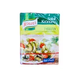 Knorr 7-Herbs Dressing in green sachet with picture of salad topped with avocado and salad drizzle.
