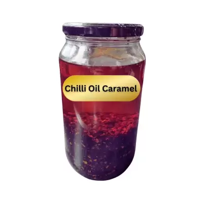 Jar of crispy chillie oil with caramelised dark soy sauce in the ingredients from Fusion Food Haus.