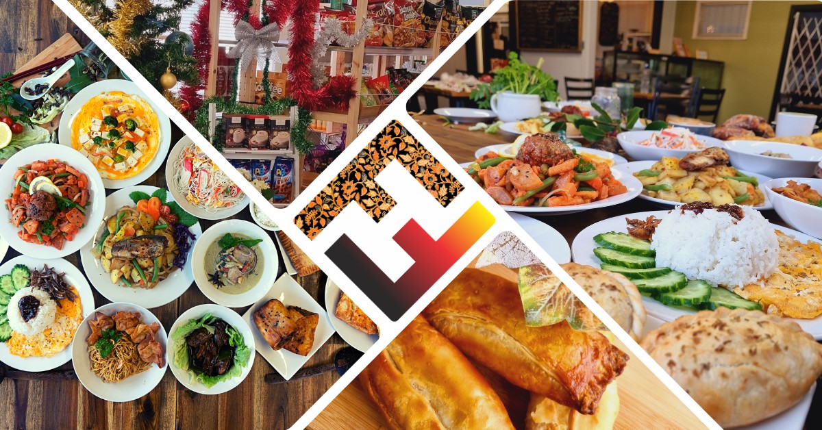 A table spread with Asian and European dishes, with the Fusion Food Haus mark in the centre